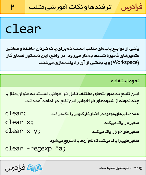 تابع clear یکی از توابع پایه‌ای متلب است که برای پاک کردن حافظه و مقادیر متغیرهای ذخیره شده، به کار می‌رود. در واقع، این دستور فضای کار (Workspace) و یا بخشی از آن را، پاک‌سازی می‌کند.